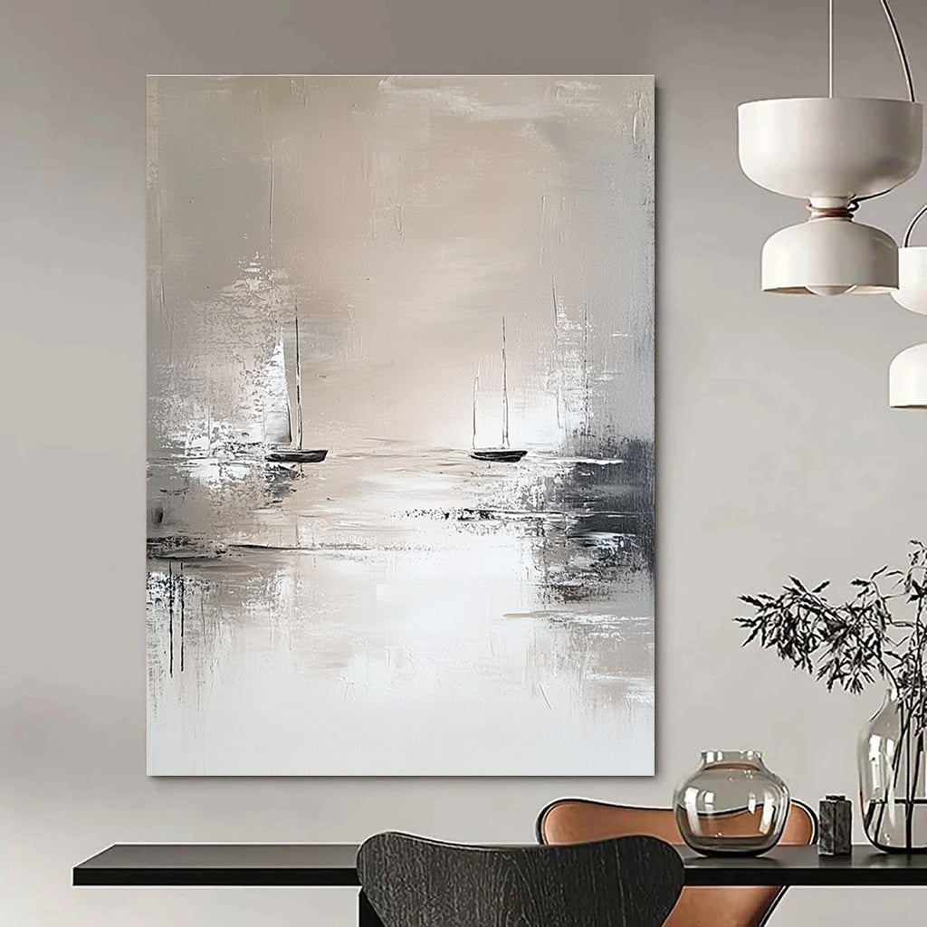 Serene Monochrome Sailboats Abstract Painting for Calm Spaces GAB0671