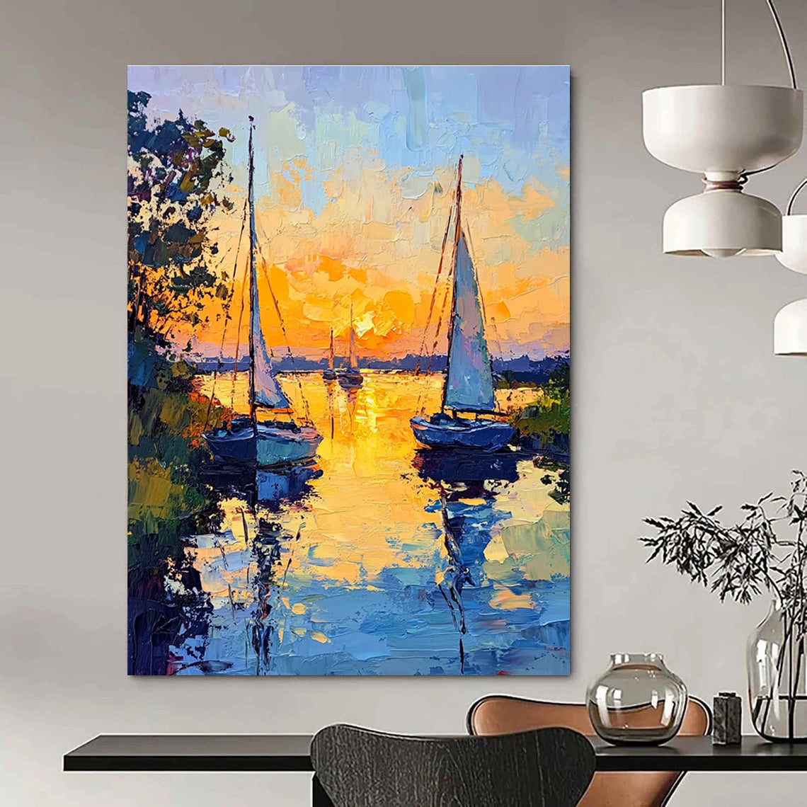 Sailboats at Sunset Impressionistic Abstract Painting for Coastal Homes GAB1438