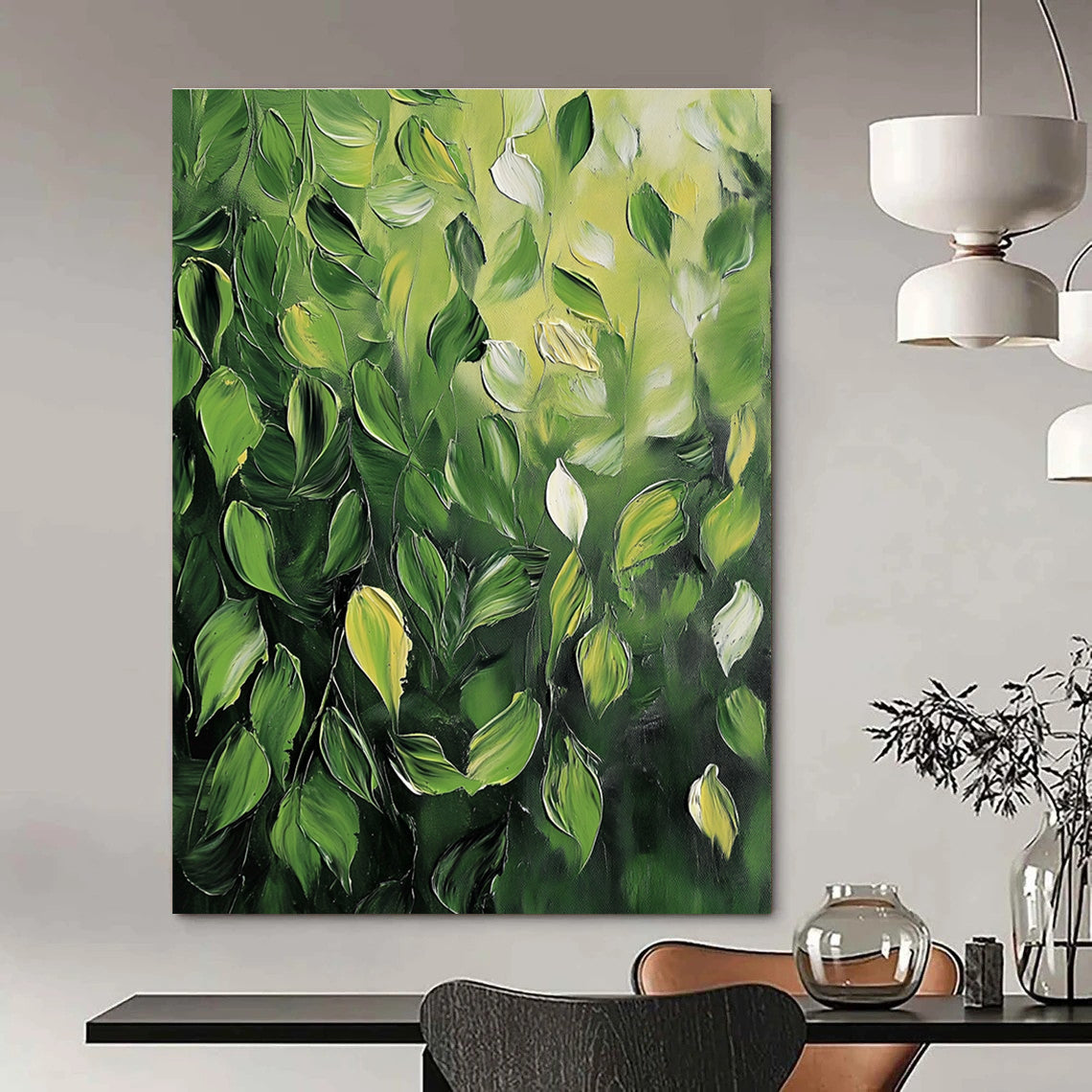 Green Leaves Impasto Textured Nature Abstract Painting GAB0281
