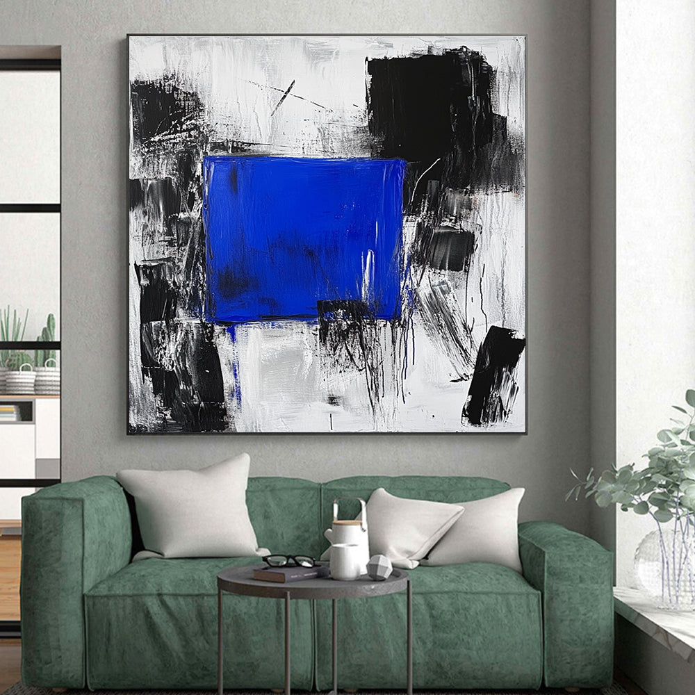 Blue Square in Black and White Chaos Abstract Painting with Focal Contrast WINK025