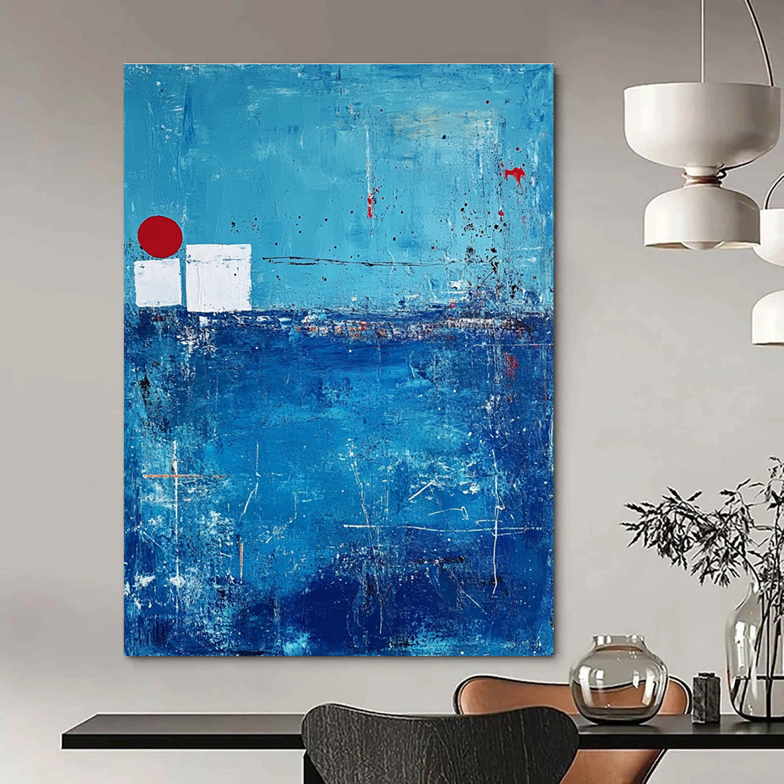 Blue Abstract with Red and White - Minimalist Color Block Abstract Art GAB0475