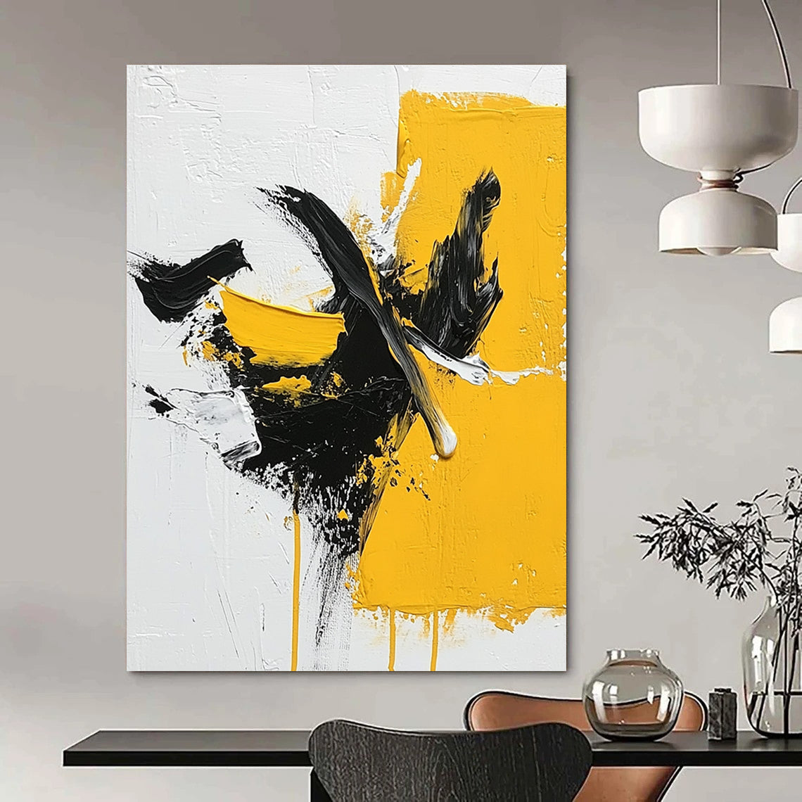 Bold Yellow and Black Abstract Painting for Modern - Styled Offices GAB1014