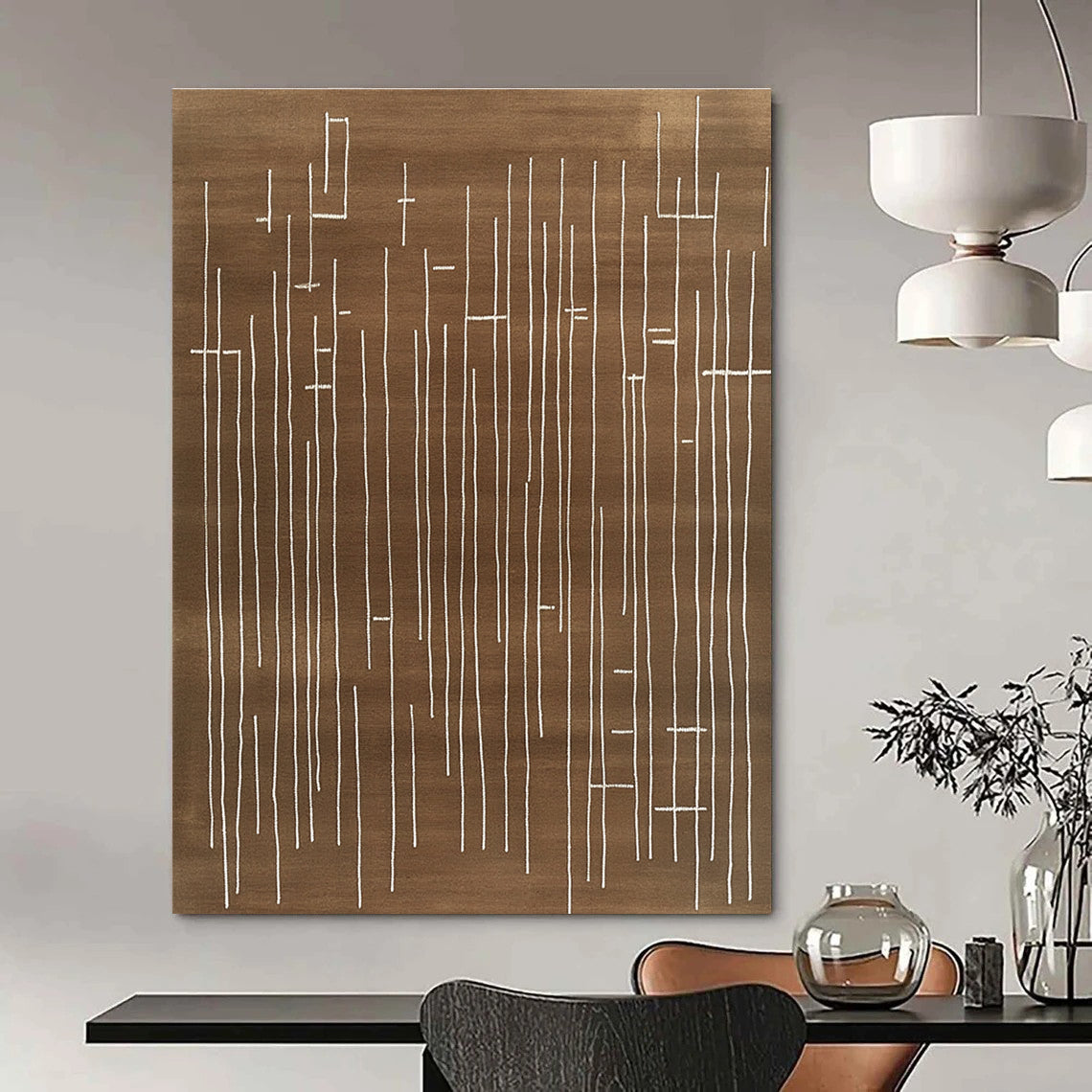 Brown and White Line Abstract Painting with Minimalist Design GAB0049