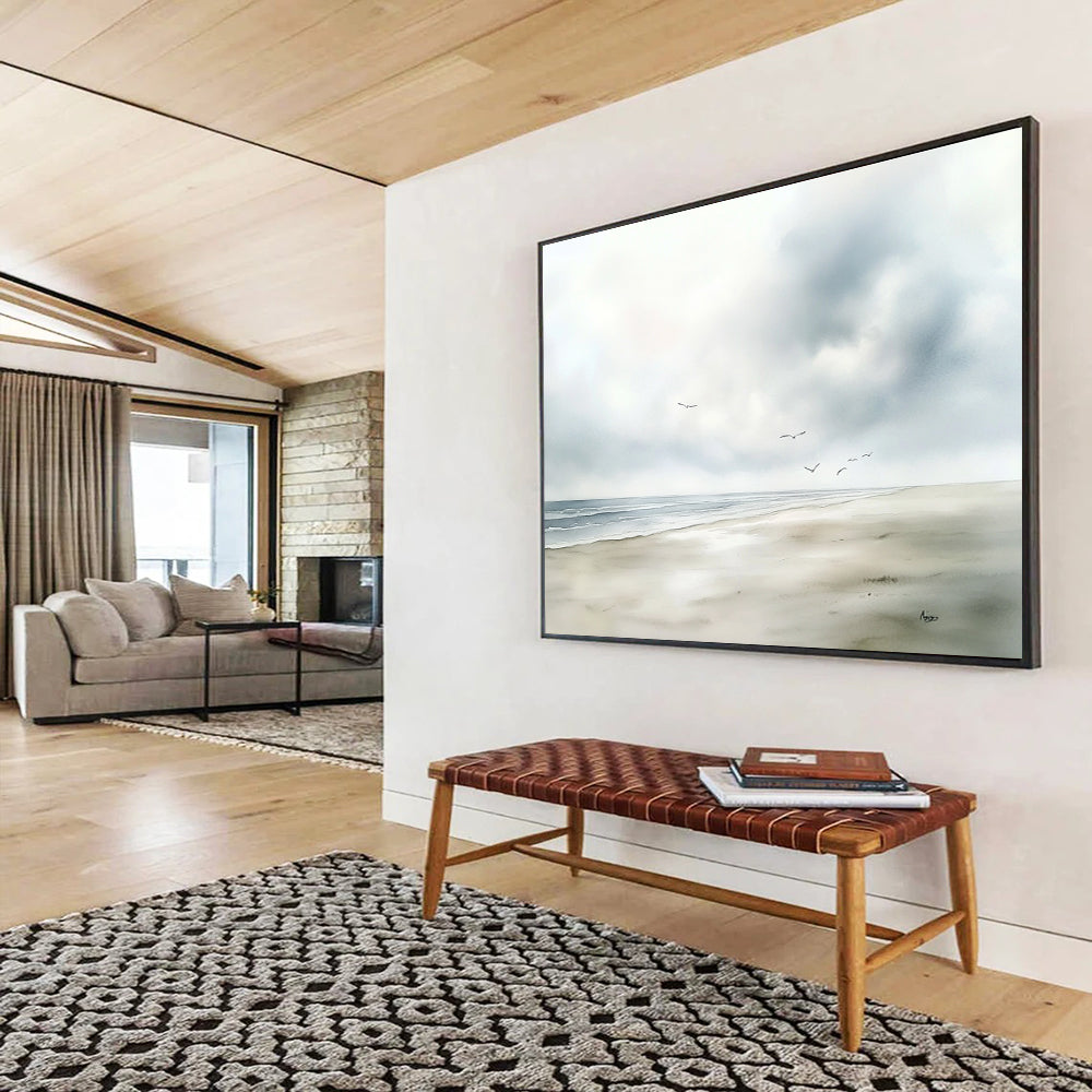 Seaside with Flying Birds Abstract Painting with Tranquil Serenity ABS613