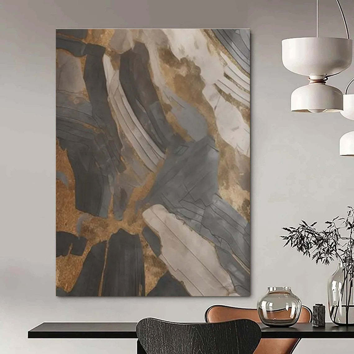 Black - Gold - Gray Abstract Painting for Opulent Residential Foyers HENG137