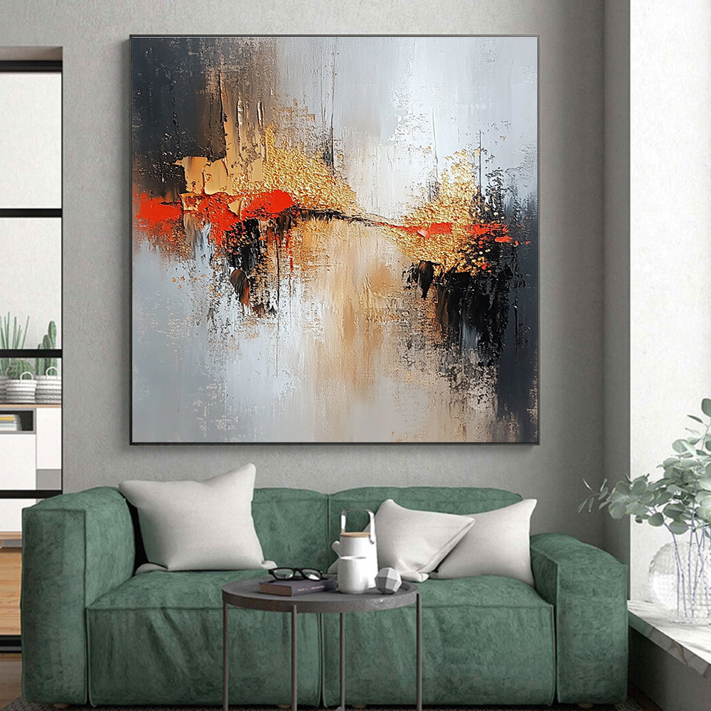 Gray Gold Red Abstract Painting with Dramatic Contrast WINK556
