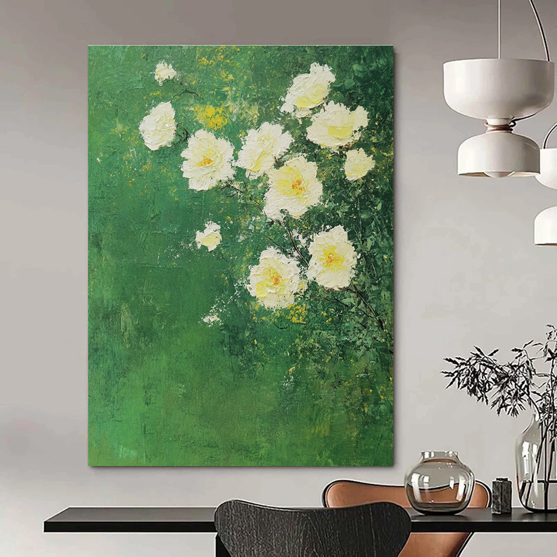 White Roses on Green Impressionistic Abstract Painting GAB0305