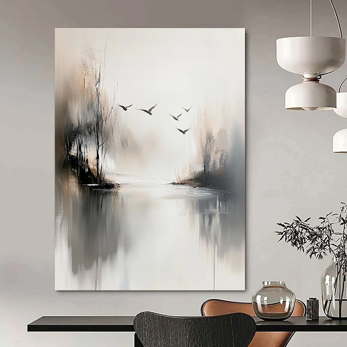 Misty Landscape with Birds Abstract Painting for Serene Meditation Spaces GAB0814