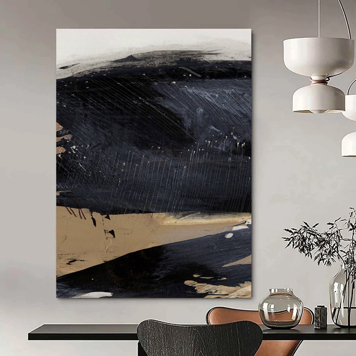 Textured Black - Beige Abstract Painting for Minimalist Home Studios HENG203