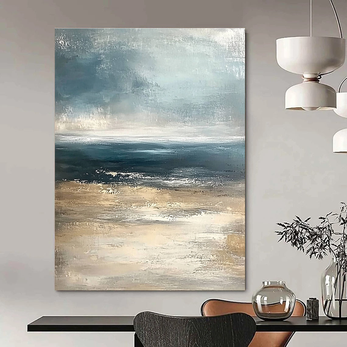 Textured Blue - Beige Sea Abstract Painting: Raw Coastal Charm for Gatherings GAB0959