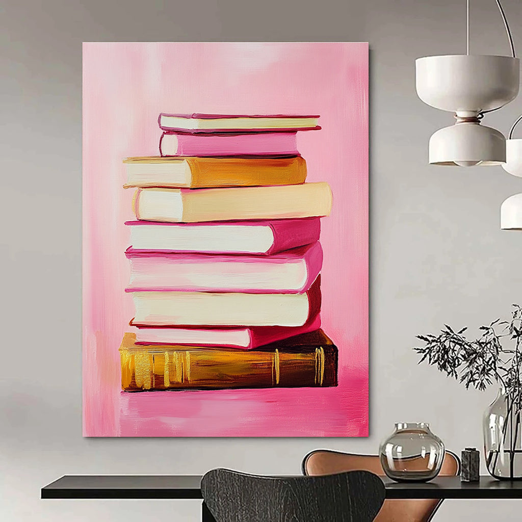 Pink Book Stack Whimsical Still - Life Abstract Painting GAB0368
