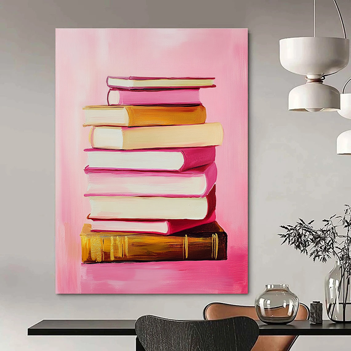 Pink Book Stack Whimsical Still - Life Abstract Painting GAB0368