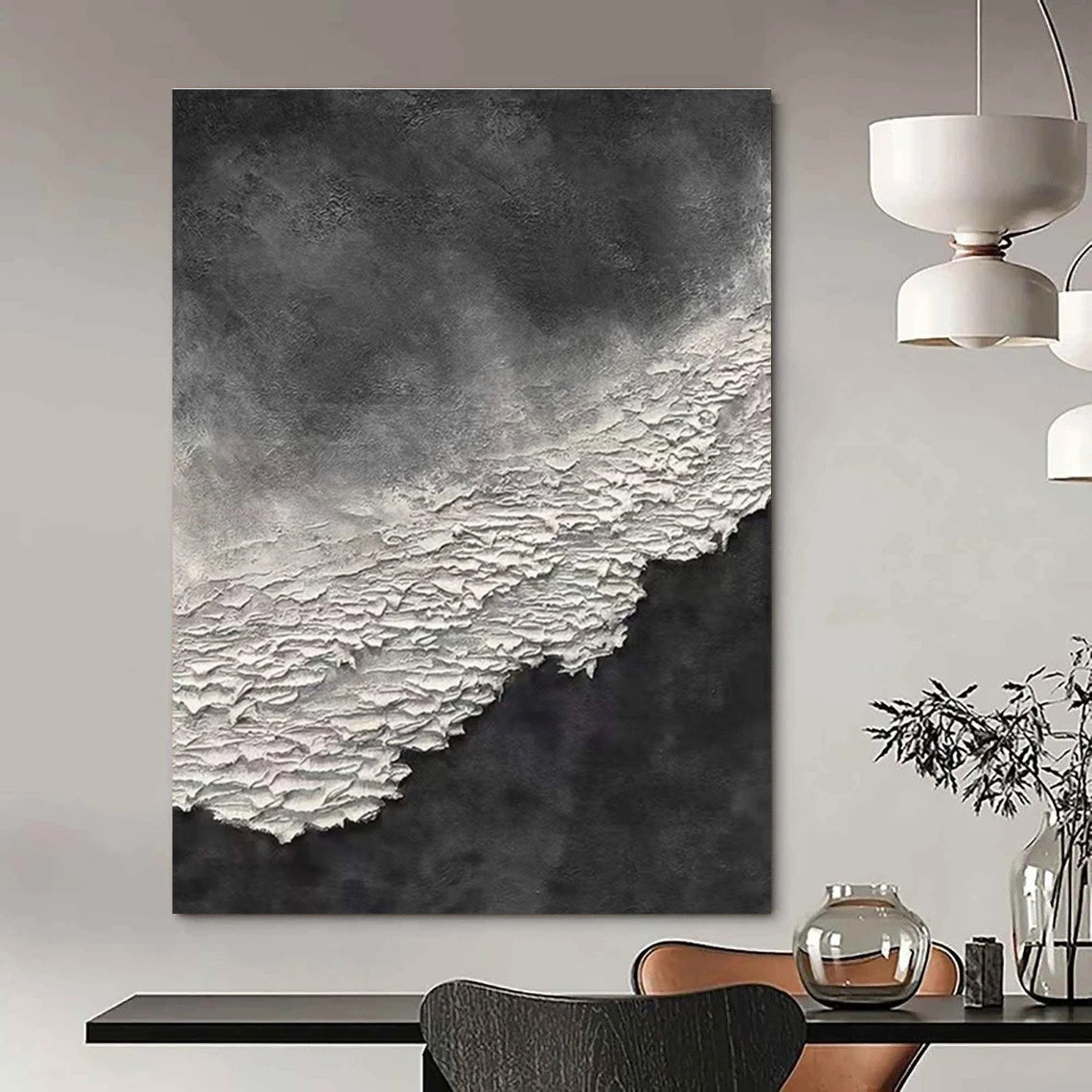 Black and White Textured Abstract Painting for Monochrome - Lover Spaces HENG339