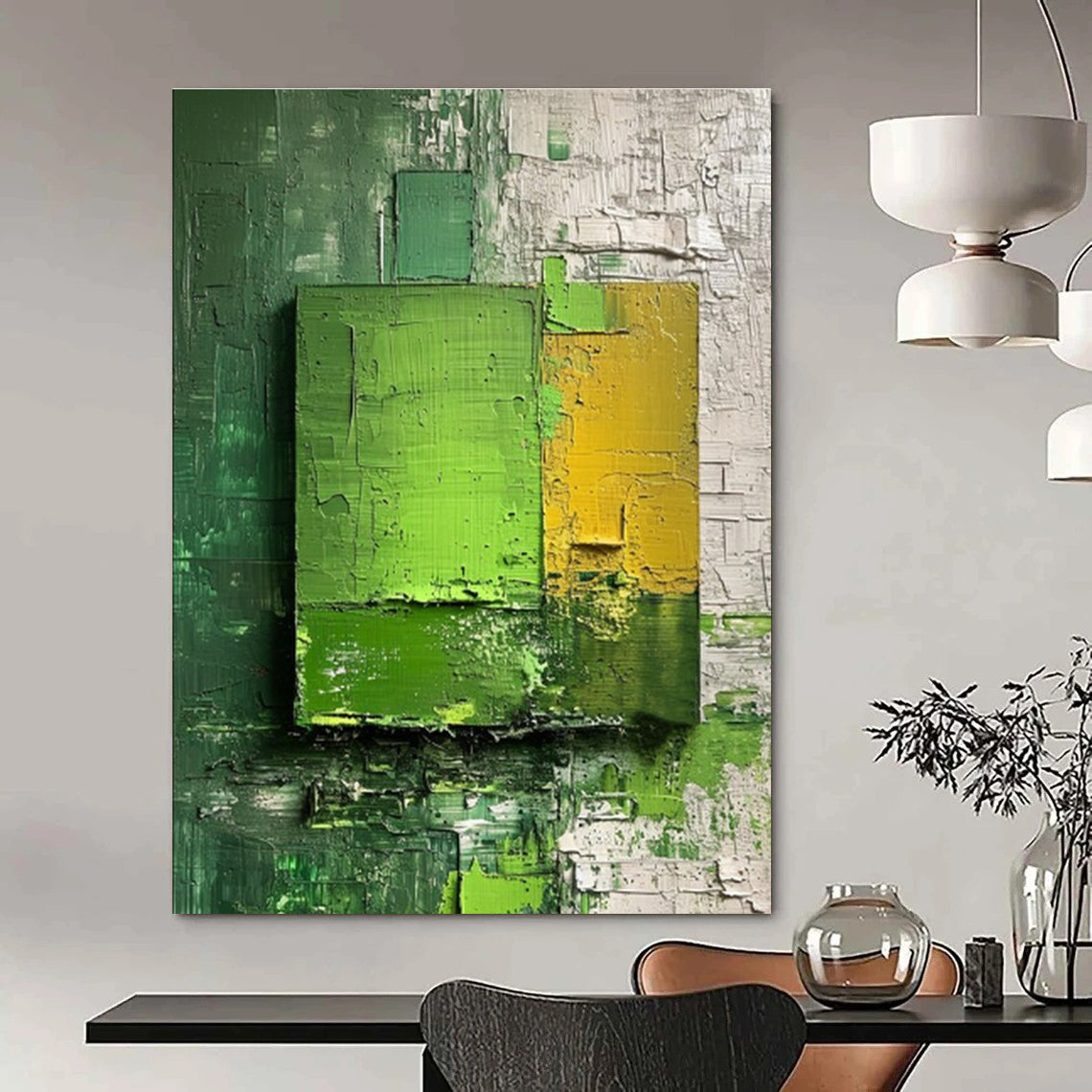 Green and Yellow Textured Squares Abstract Painting for Modern Dining Rooms HENG030