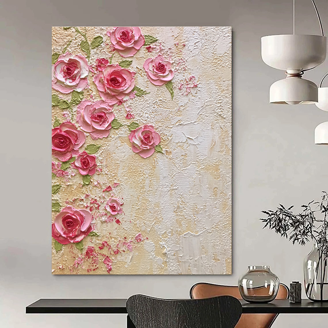 Pink Roses on Textured Wall Abstract Painting with 3D Effect GAB0051