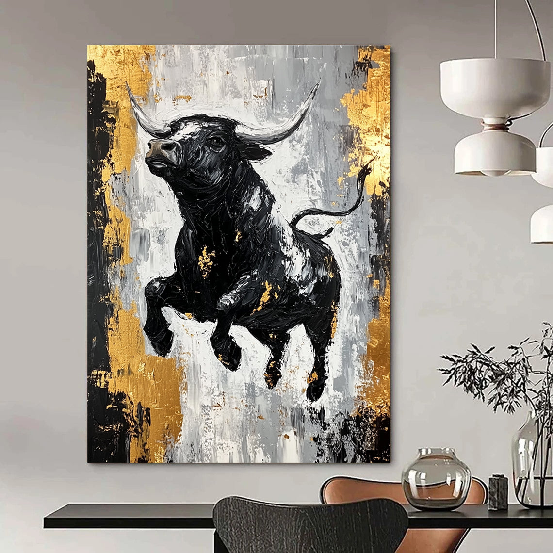 Dynamic Black Bull with Gold Accents Abstract Painting GAB0032