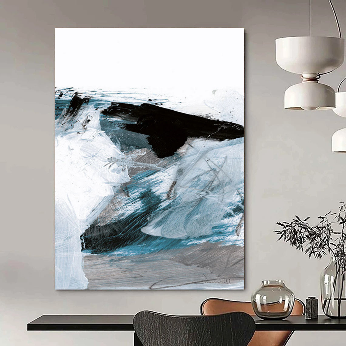 Dynamic Blue - Black Abstract Waves Painting for Coastal Interiors HENG220