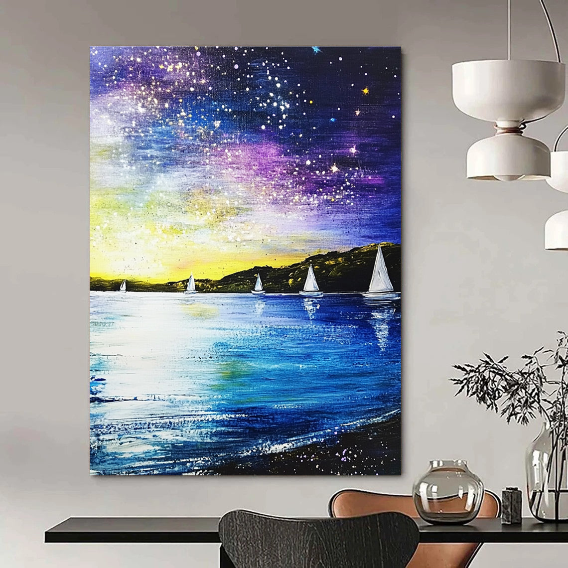Starry Night Sailboats Abstract Painting for Lakeside Retreats GAB1268