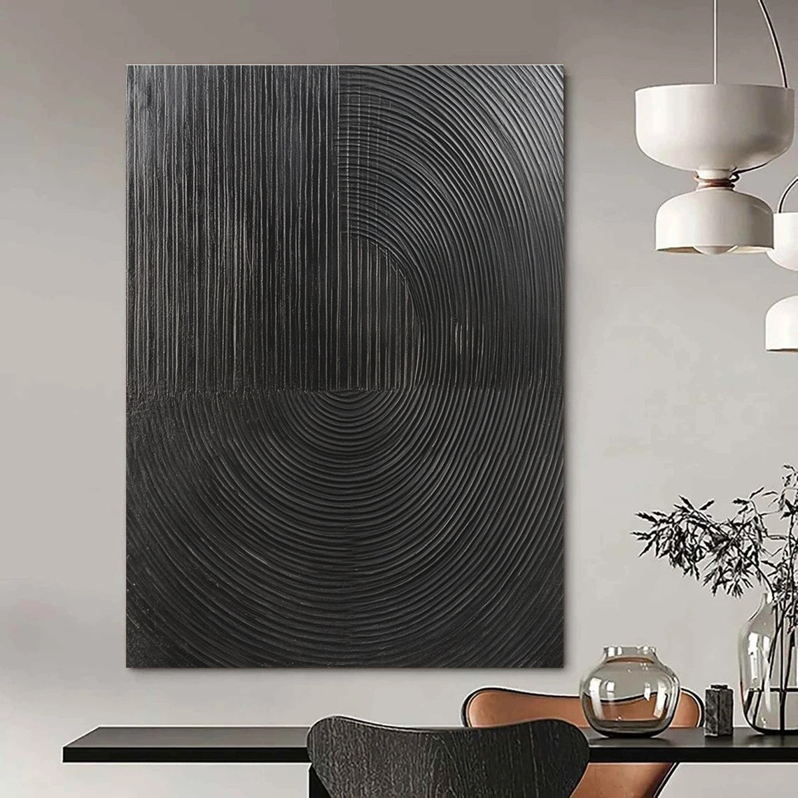 Black Circular Lines Abstract Painting for Minimalist Home Offices GAB1320