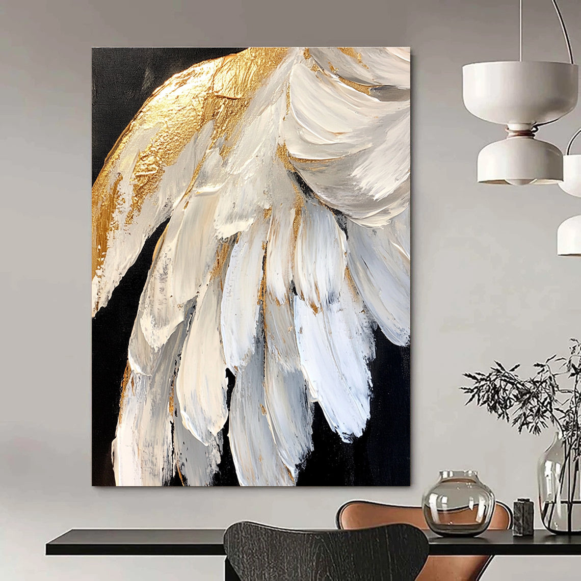 White - Gold Feather Textured Art - Luxe Minimalist Abstract Painting GAB0432