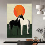 Two Horses Under Orange Sun Abstract Painting for Rustic Home Decor GAB1371