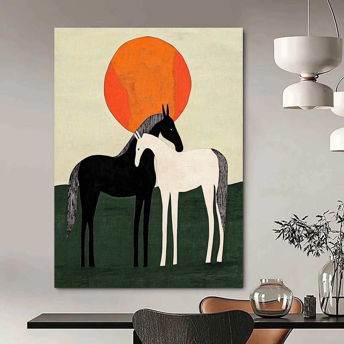 Two Horses Under Orange Sun Abstract Painting for Rustic Home Decor GAB1371