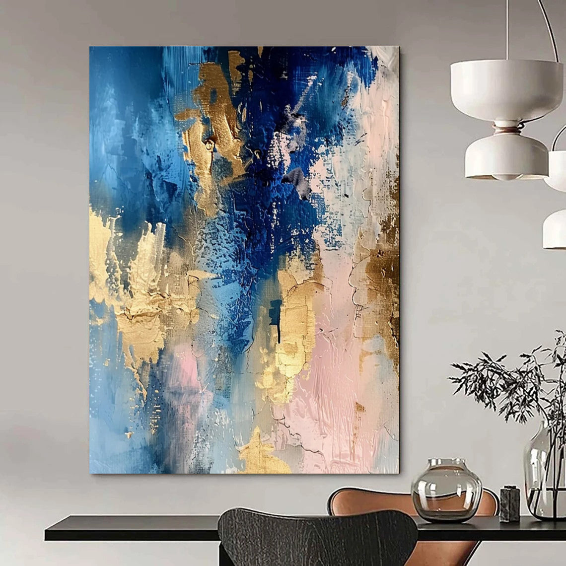 Blue - Gold - Pink Abstract Fusion Painting for Art Deco Living Spaces HENG072