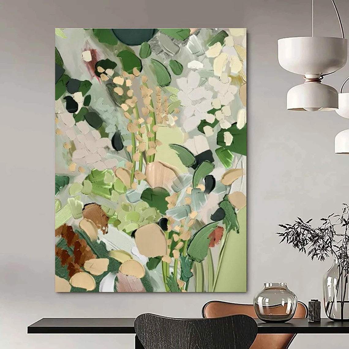 Muted Green Floral Abstract Painting for Minimalist Home Offices HENG426