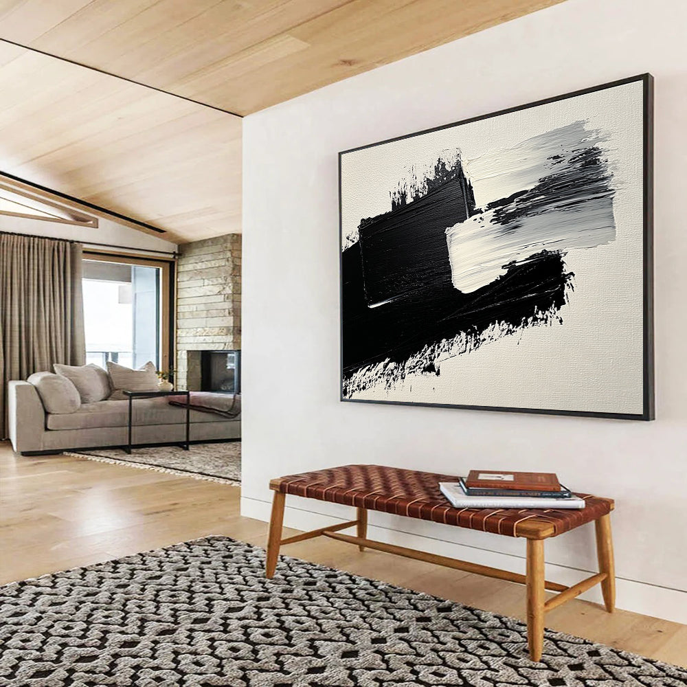 Black and White Textured Strokes Abstract Painting with Bold Minimalism ABS572