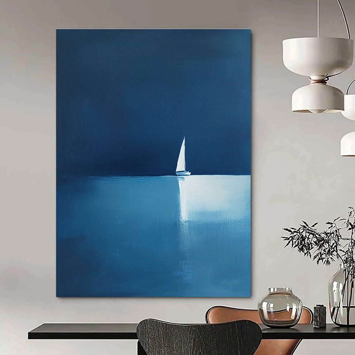 Distant Sailboat Reflection Minimalist Nautical Abstract Painting GAB0224