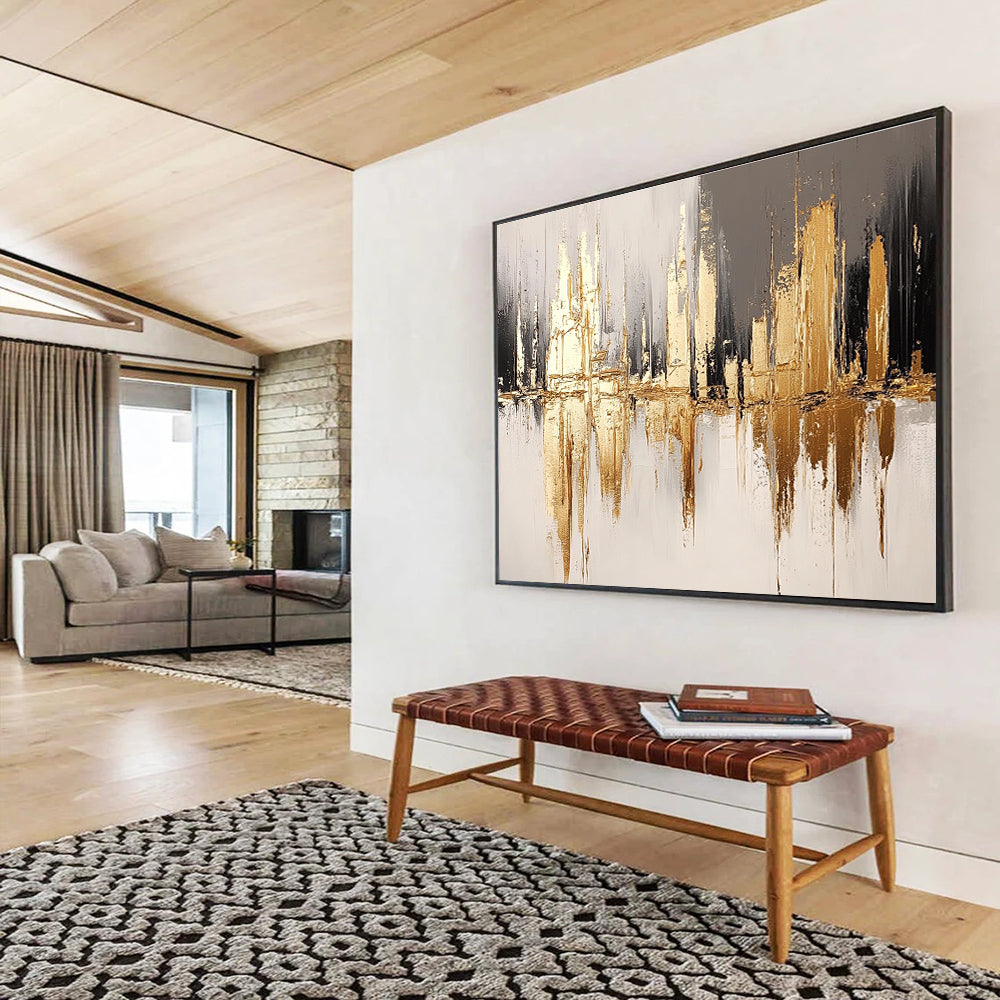Golden City Reflection with Metallic Accents Abstract Painting ABS311