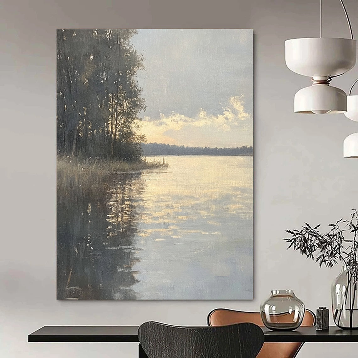 Lakeside Sunset Abstract Painting for Rustic Cottage Living Rooms GAB1302