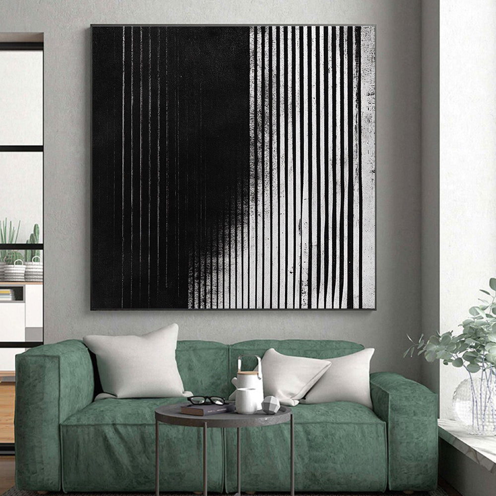 Vertical Black and White Stripes Abstract Painting with Structured Rhythm WINK013