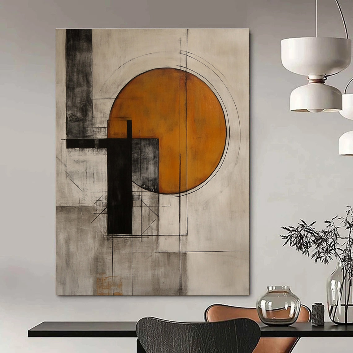 Geometric Abstract with Orange Circle Painting for Modern Offices GAB1131