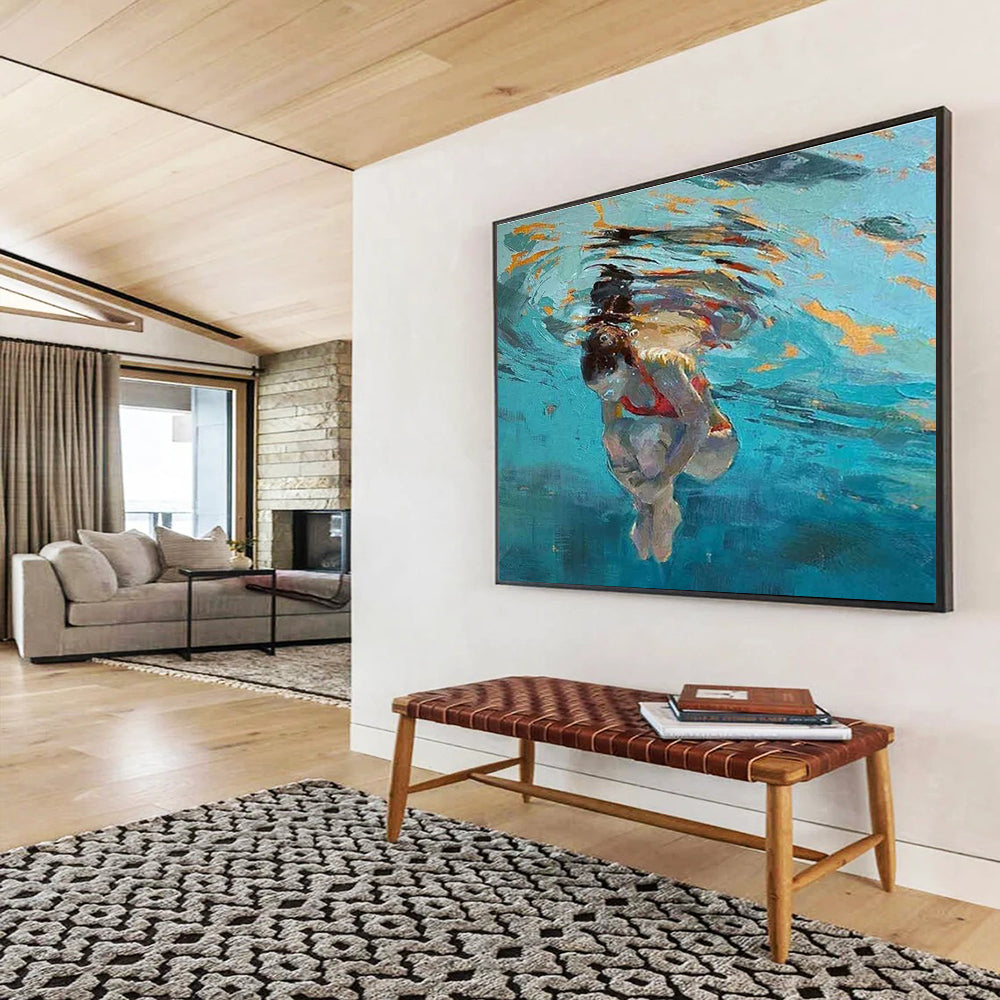 Underwater Swimmer Abstract Painting for Coastal Home Offices YHT247
