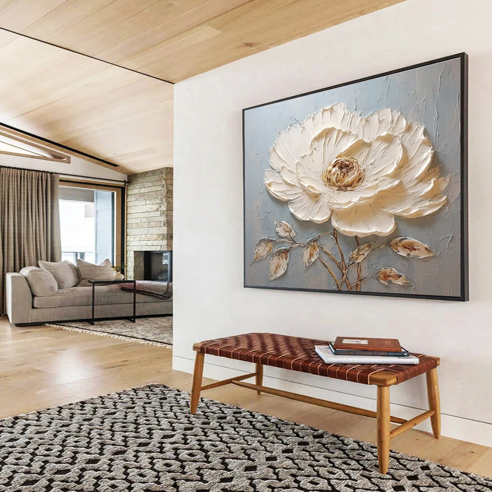 Textured White Flower Abstract Painting for Minimalist Interiors YHT175