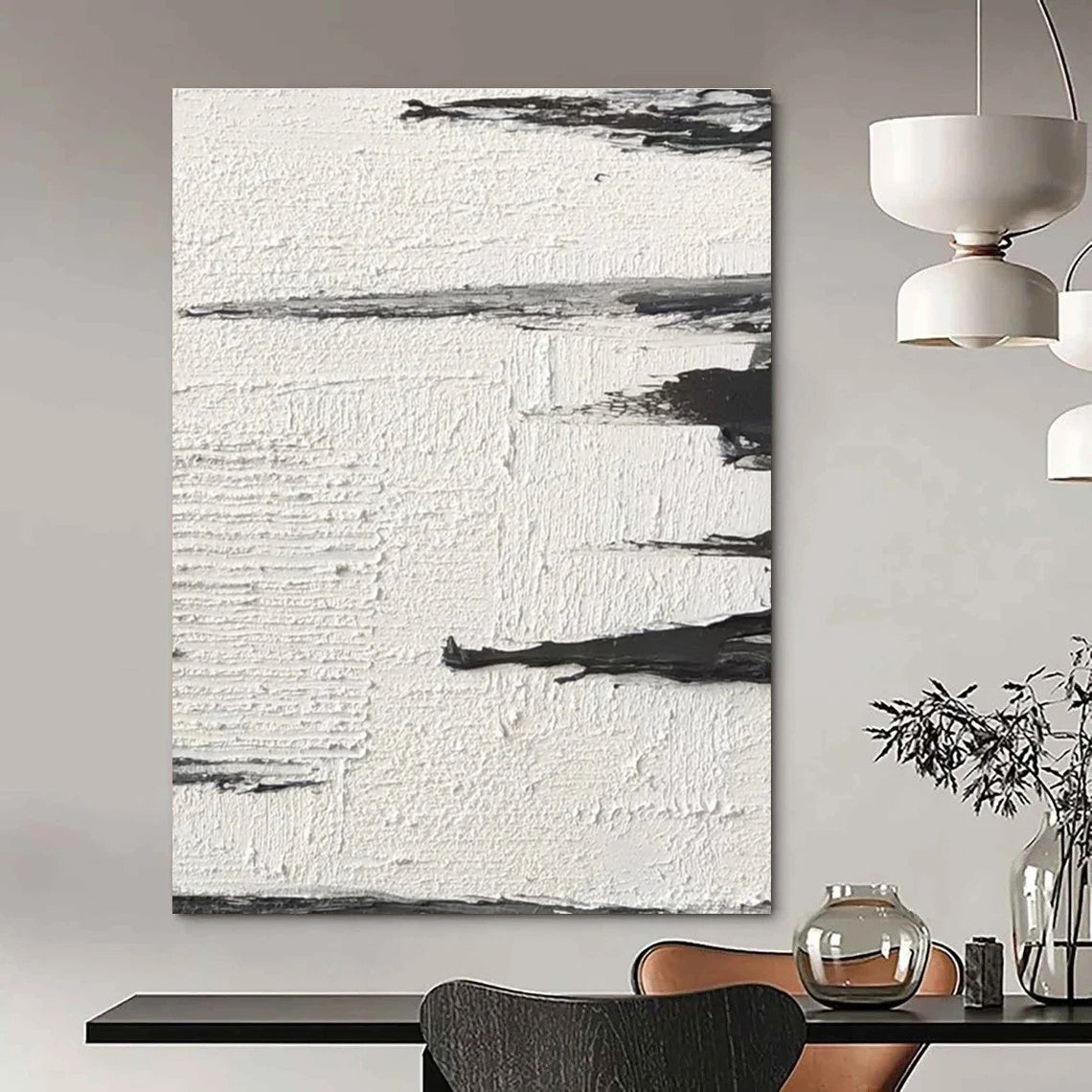 Black - White Textured Landscape Abstract Painting for Serene Home Offices HENG384