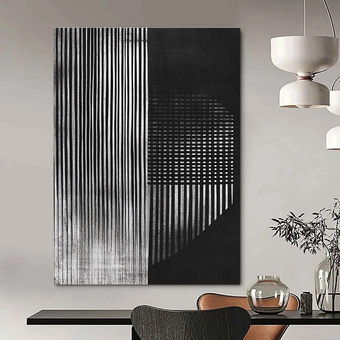 Black and White Striped Abstract Painting with Hidden Textures GAB0030