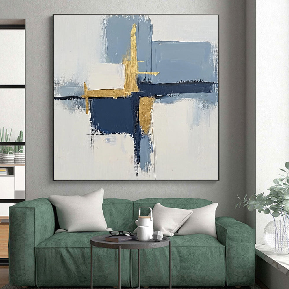 Blue Gold White Abstract Painting with Modern Elegance WINK566
