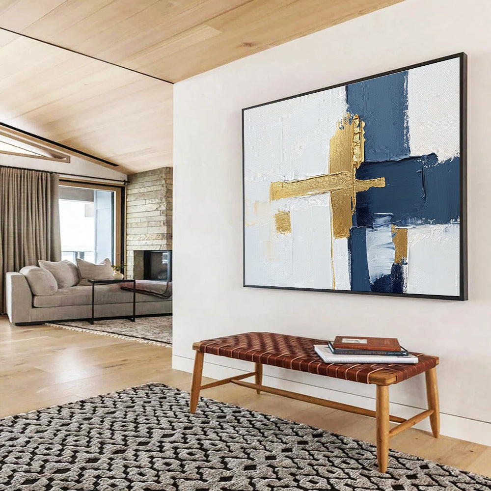 Blue and Gold Cross Abstract Painting with Minimalist Elegance ABS426