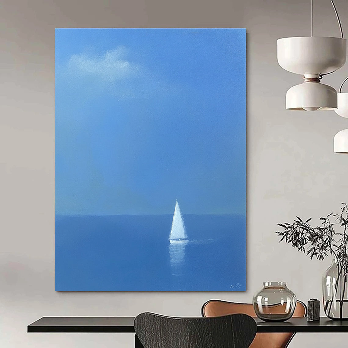 Solitary Sailboat at Sea - Calming Nautical Abstract Painting GAB0413