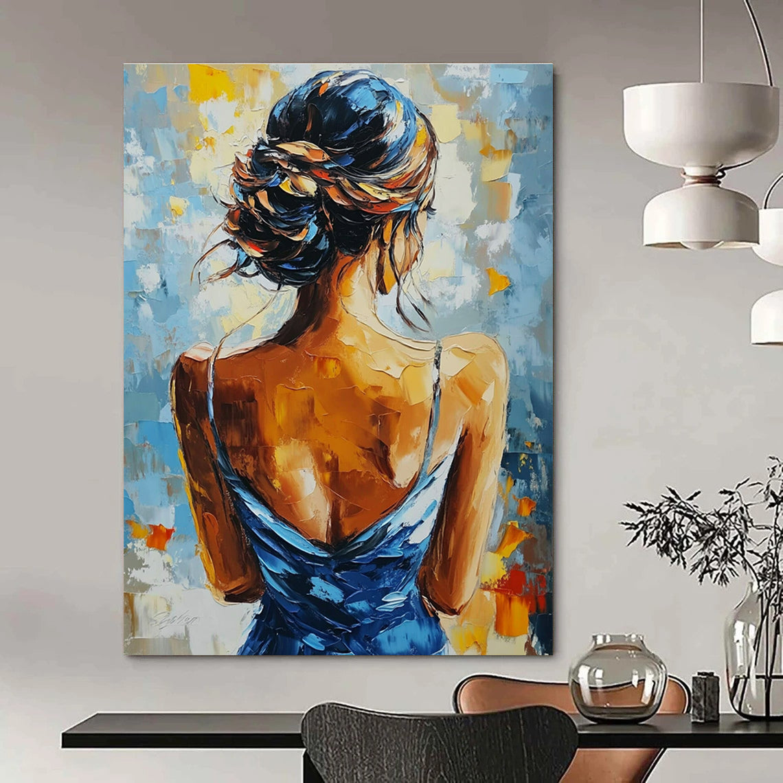 Mysterious Woman Back Abstract Painting with Bold Colors GAB0018