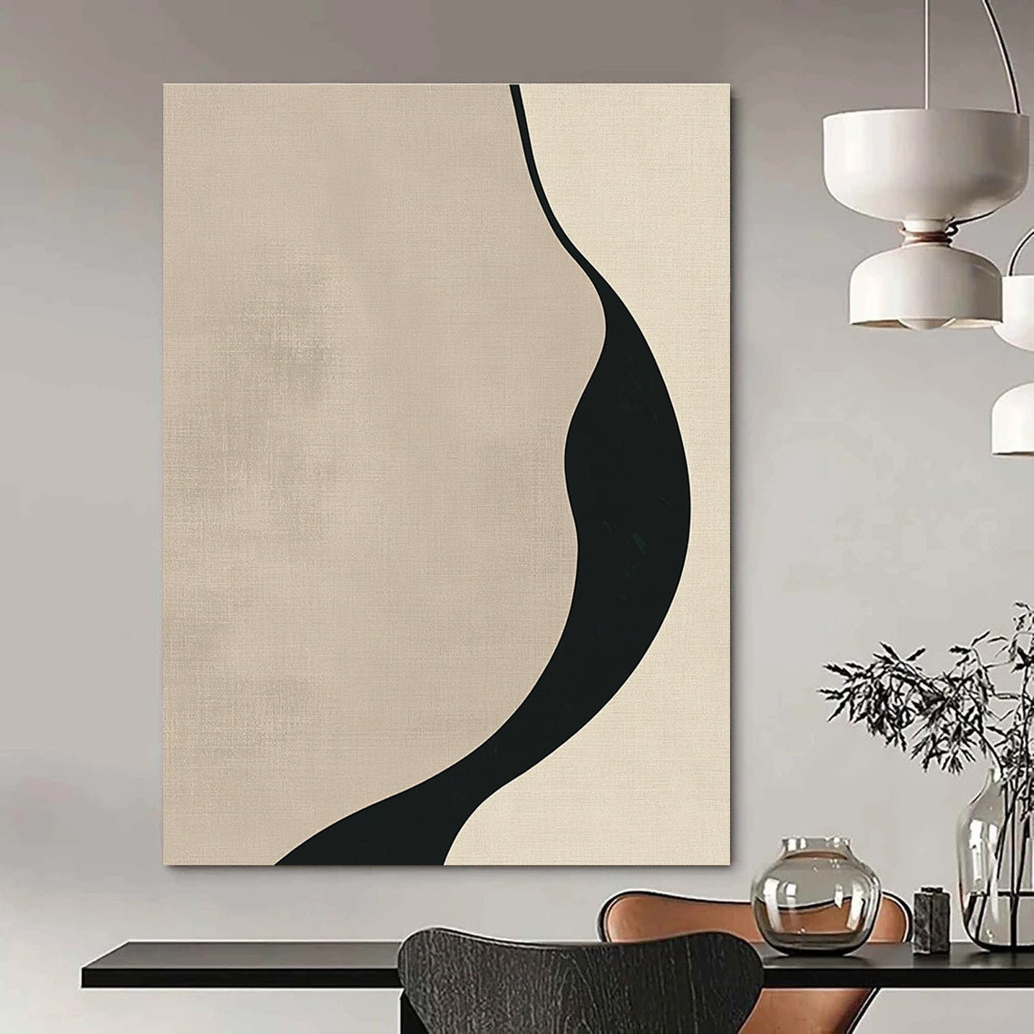 Curved Black and Beige Shape Abstract Painting for Monochrome - Themed Bedrooms GAB1364