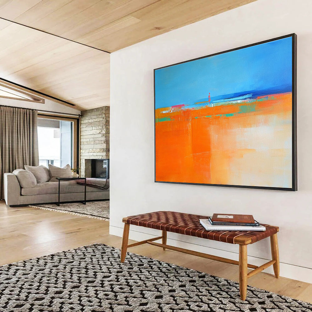 Vibrant Coastal Scene Abstract Painting Featuring a Figure Silhouette ABS221