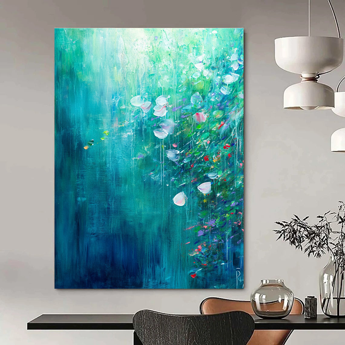 Teal Floral Abstract Painting for Tranquil Gardens GAB0745