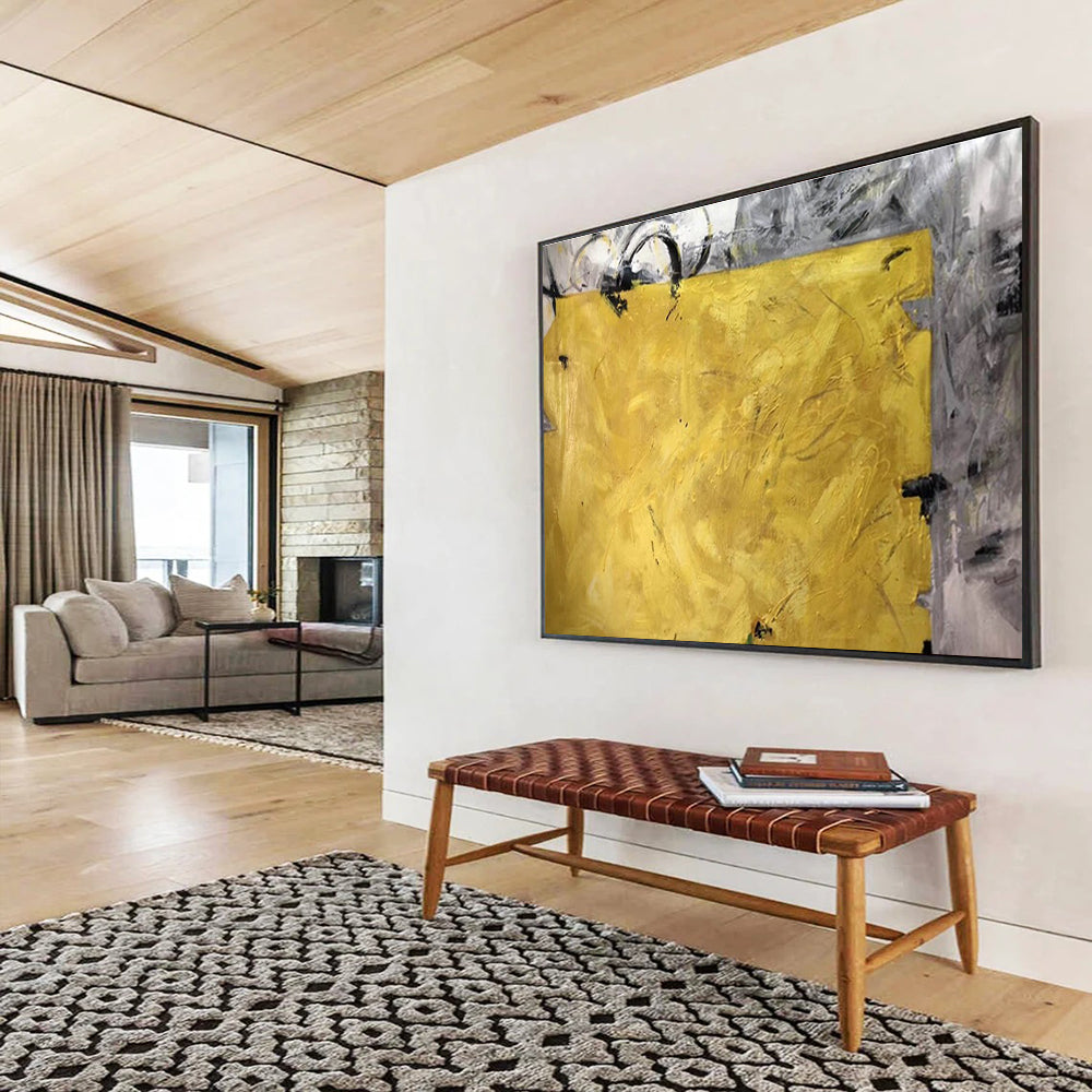 Bold Yellow Block Abstract Painting for High - Energy Spaces YHT153