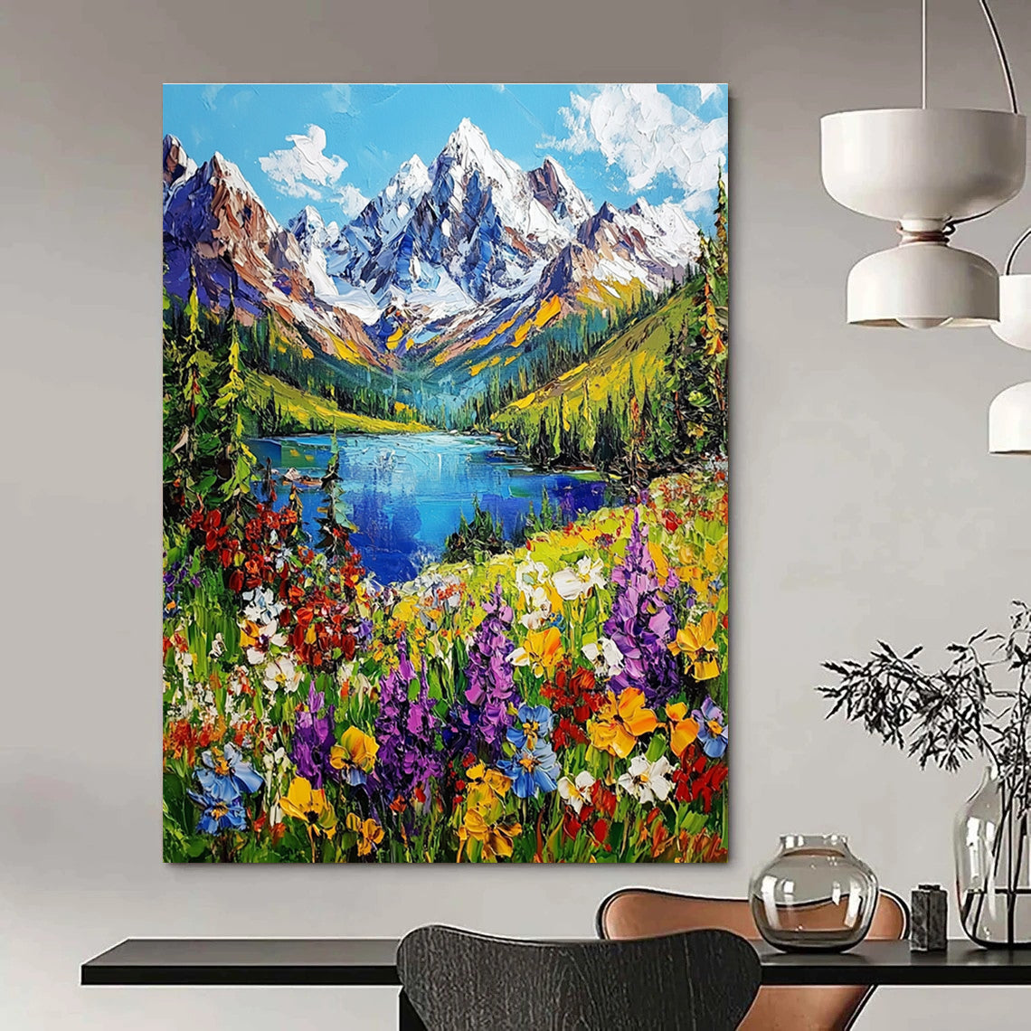 Mountain Landscape with Flowers - Impasto Nature Art GAB0385