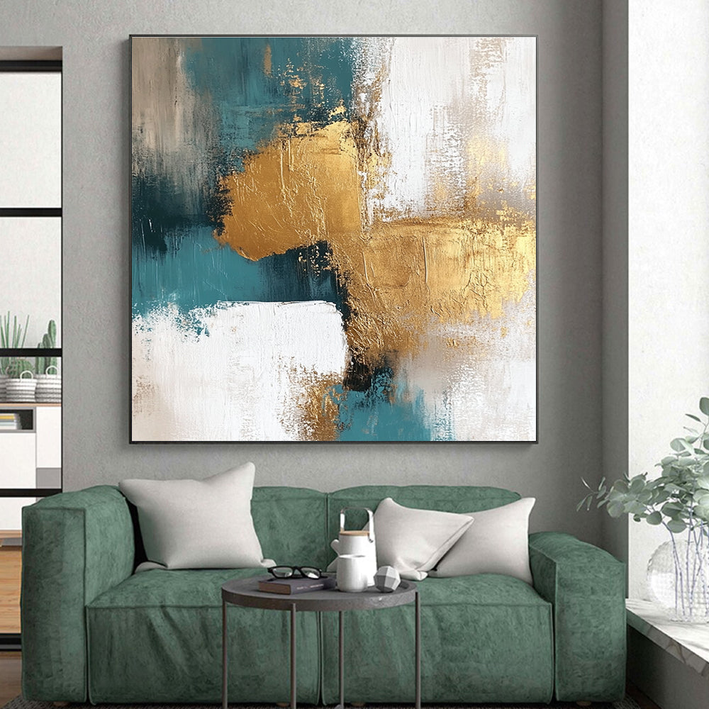 Teal Gold White Abstract Detail Painting with Intricate Textures WINK677