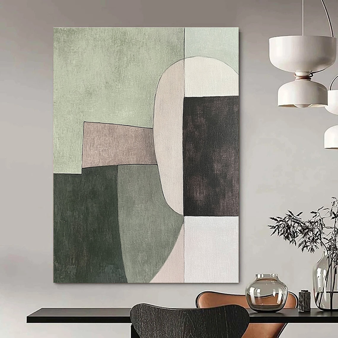 Green - Toned Geometric Abstract Painting for Modern Minimalist Spaces GAB1150