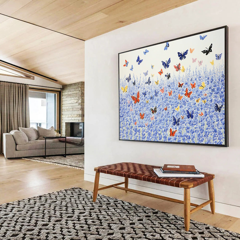 Blue Field with Colorful Butterflies  Nature’s Joyful Scene ABS055